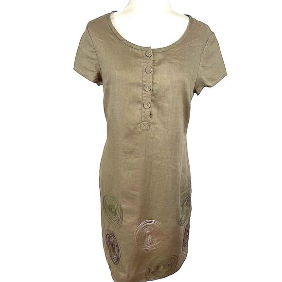 Boden Linen Short Sleeve Light Brown Shift Dress Embroidered Size 8 - Picture 2 of 7
